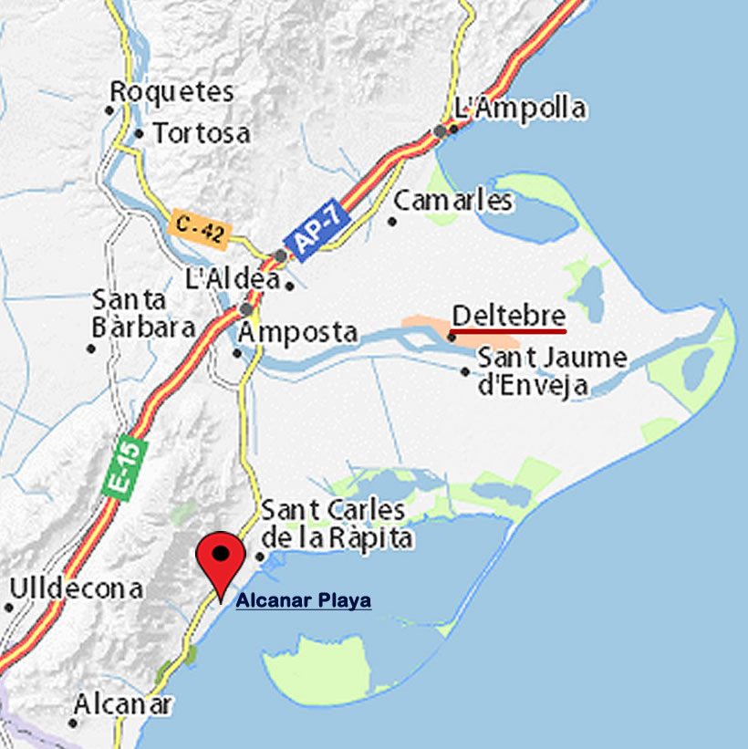 Carte du Delta de l'Ebre, Alcanar Playa avec accès rapide à tout le Delta, groomservice delta